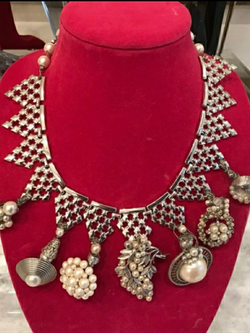 Silver-Tone Pearl Charm Bib Necklace - Silver